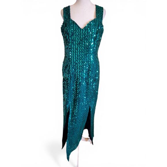 Vintage 80s Teal Sequin Embellished Sleeveless V Neck Mermaid Maxi Dress - Picture 15 of 16